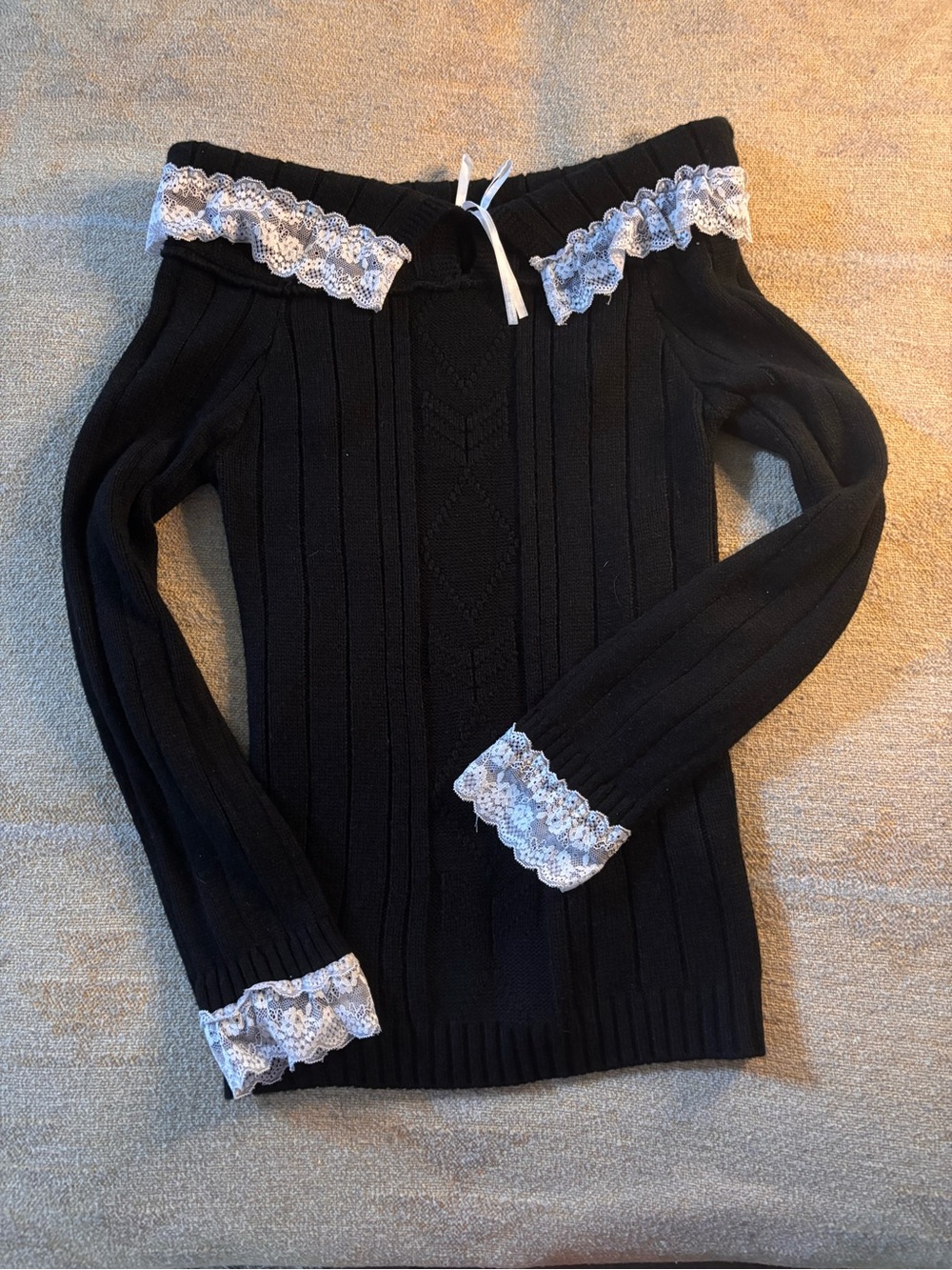 aerie Black Off-Shoulder Ribbed Sweater with White Lace Trim
